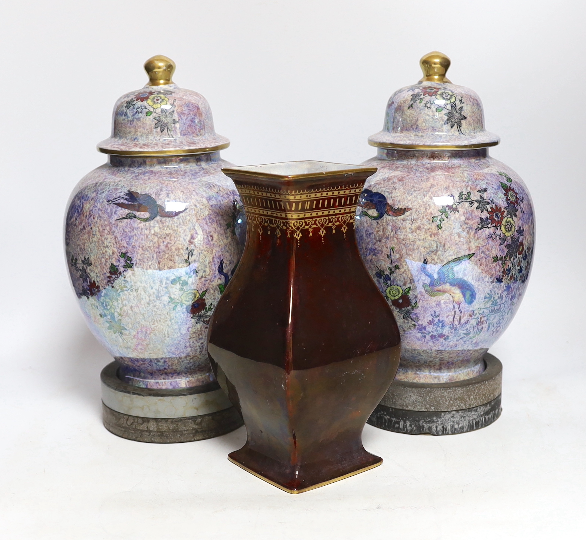 A pair of Wilton ware lustre glazed lidded vases on stands and a Losol vase (3) tallest 30cm